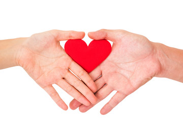 Couple hands holding red heart on white