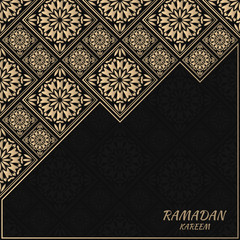 Vector card with floral tiles. Islamic design. Golden foil decorative elements. Gold and black background.