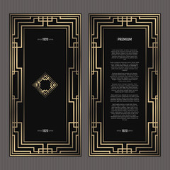 Vector card. Art Deco style. Dark golden geometric frame on black background. Luxury menu concept with logo.