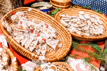 traditional czech sweet dessert gingerbread at the Christmas Market in Prague. Souvenir sale concept