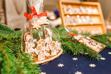 traditional czech sweet dessert gingerbread at the Christmas Market in Prague. Souvenir sale concept