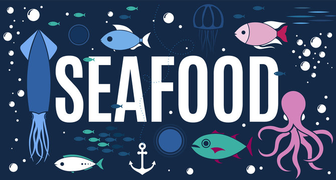 Sea animals collection seafood background