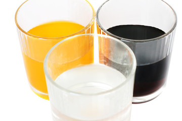 Different drinks in three glasses. Water in a glass on a white background. Drink. Glass