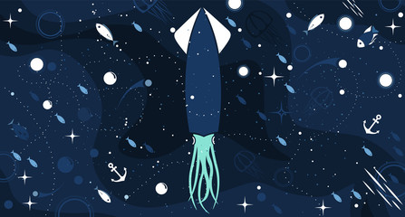 Sea calamary cute blue horizontal background