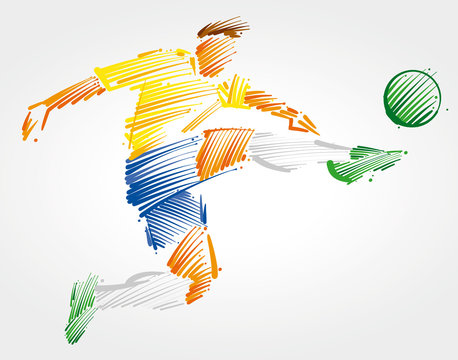 soccer player flying to kick the ball made of colorful brushstrokes on light background