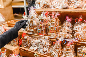 traditional czech sweet dessert gingerbread at the Christmas Market in Prague. Souvenir sale concept