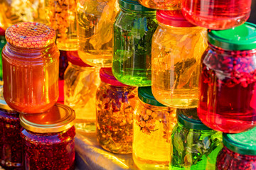 Pots with different sorts of honey