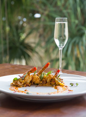 Grilled shrimp with white wine. Delicacy sea food