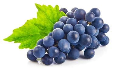 Fotobehang Blue grapes with green leaf healthy eating, isolated on white © Yasonya