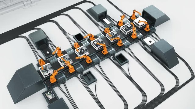 Robotic Arms Assembling Computers On Conveyor Belt. Advanced Automated Process. Looped 3d Animation. Business and Technology Concept. 4k UHD 3840x2160.
