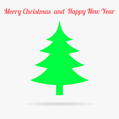 Gren Christmas tree. Flat vector icon with text Merry Christmas and Happy New Year