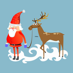 santa claus in red hat and jacket, with beard holding halper reindeer, marry of christmas and happy new year vector illustration on blue background card