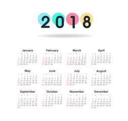 Calendar 2018 year. Week starts from Sunday