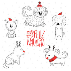 Hand drawn greeting card with cute funny cartoon dogs in hats, Spanish text Feliz Navidad (Happy Christmas). Isolated objects on white background. Vector illustration. Design concept winter holidays.