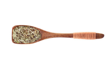 spice sage dried in  wooden spoon isolated on a white background, top view