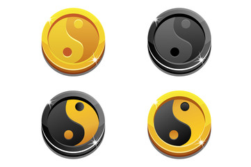 Illustration cartoon coins golden Yin Yang on white background