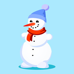Snowman in blue hat, red scarf tied around neck, nose from the carrot smiling deer in lights of herland on horns, marry christmas happy new year vector illustration