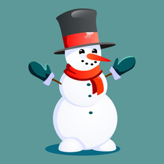 Snowman in black hat and gloves, red scarf tied around neck, nose from the carrot, marry christmas happy new year vector illustration