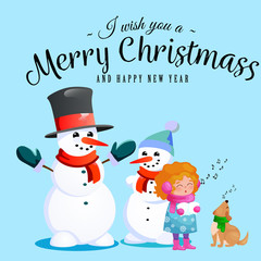 Family of snowman in black hat and gloves, red scarf tied around neck, nose from the carrot, little girl singing holiday songs and dog helping her, marry christmas happy new year vector illustration