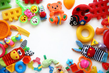 Children's toys and accessorieson a White background.view from above © dyageleva