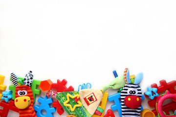 Children's toys and accessorieson a White background.view from above