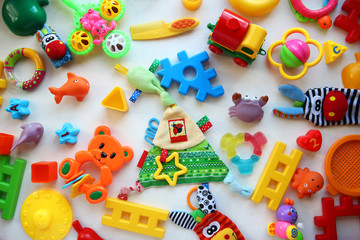 Children's toys and accessorieson a White background.view from above © dyageleva