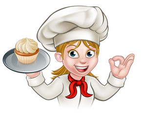 Cartoon Woman Pastry Chef Baker With Cupcake