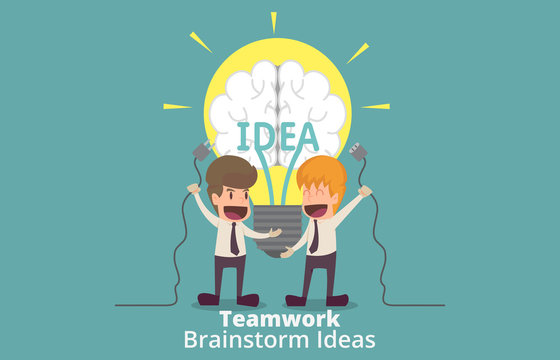 Two businessmen with plug and light bulb, teamwork Brainstorming.cartoon of business success is the concept of the man characters business, the mood of people, background, banner, vector illustration