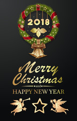 Merry Christmas and Happy New Year 2018. Festive Christmas card. Vector illustration