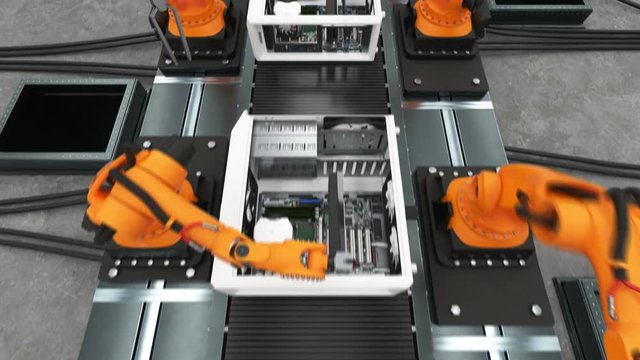 Band of Robotic Arms Assembling Computer Cases On Conveyor Belt. Modern Advanced Automated Process. 3d Animation. Business, Industrial and Technology Concept. 4k Ultra HD 3840x2160.