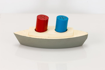 wooden ship with smoke stacks salt and pepper shakers