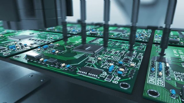 Beautiful Process of Robotic Arm Circuit Board Production on Conveyor Belt. Automated Manufacturing of Electronic Chips.