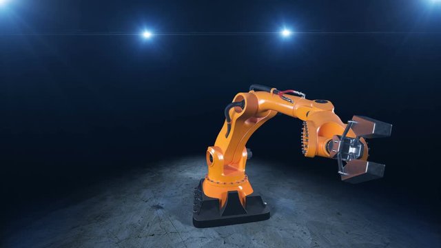 Beautiful Robot Arm Demonstrates its Movements with the Camera. 3d Animation. Business, Technology and Industrial Concept. 4k Ultra HD 3840x2160.
