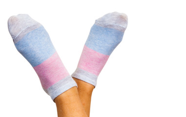 Socks on woman legs, isolated on white