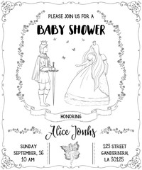 Baby shower invitation with prince, princess, fairy, roses and butterflies. Fairy tale theme. Vintage vector illustration