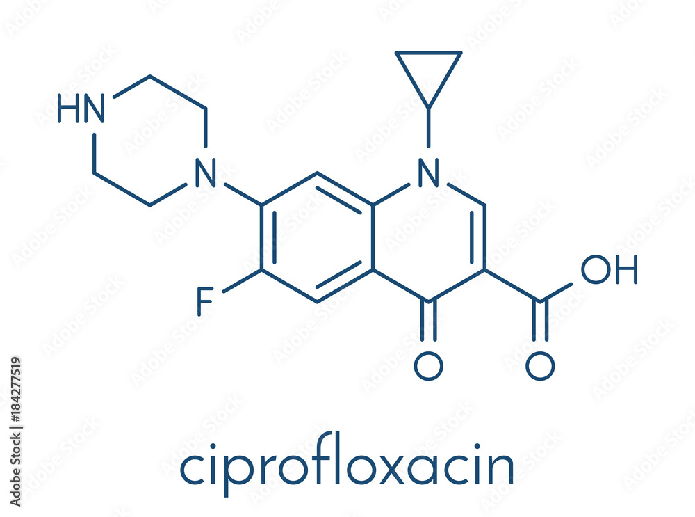 Sticker Ciprofloxacin antibiotic drug (fluoroquinolone class) molecule. Skeletal formula.