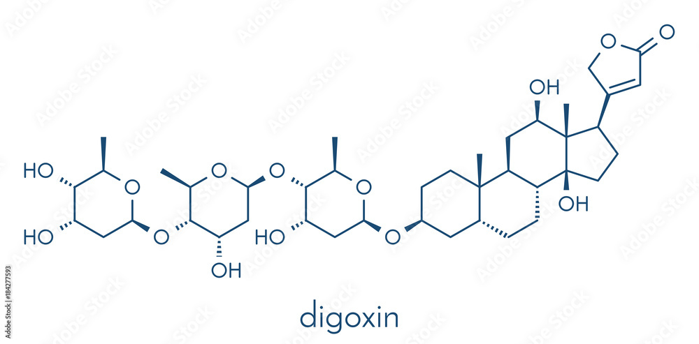 Poster digoxin heart failure drug molecule. Extracted from foxglove plant (digitalis lanata) Skeletal formula.