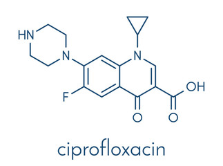 Ciprofloxacin antibiotic drug (fluoroquinolone class) molecule. Skeletal formula.