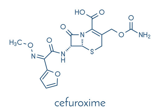 Cefuroxime second generation cephalosporin antibiotic molecule. Skeletal formula.