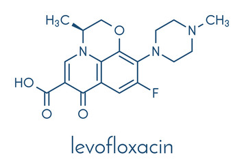 Levofloxacin antibiotic drug (fluoroquinolone class) molecule. Skeletal formula.