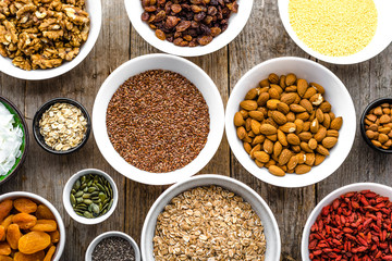 Ingredients of breakfast, healthy superfood on table, food selection, vegetarian diet concept