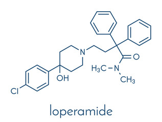 Loperamide diarrhea drug molecule. Skeletal formula.