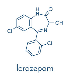 Lorazepam sedative and hypnotic drug (benzodiazepine class) molecule. Skeletal formula.