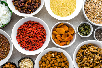 Ingredients of breakfast, healthy superfood on table, food selection, vegetarian diet concept