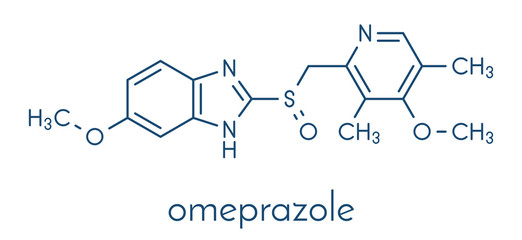 Omeprazole dyspepsia and peptic ulcer disease drug (proton pump inhibitor) molecule.  Skeletal formula.