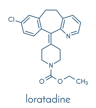 Loratadine antihistamine drug molecule. Used to treat hay fever, urticaria and allergies. Skeletal formula.