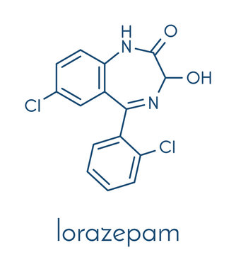 Lorazepam sedative and hypnotic drug (benzodiazepine class) molecule. Skeletal formula.