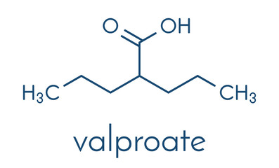 Valproic acid or valproate epilepsy (seizures) drug molecule. Skeletal formula.