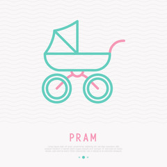 Fototapeta na wymiar Pram for newborn thin line icon. Modern vector illustration.