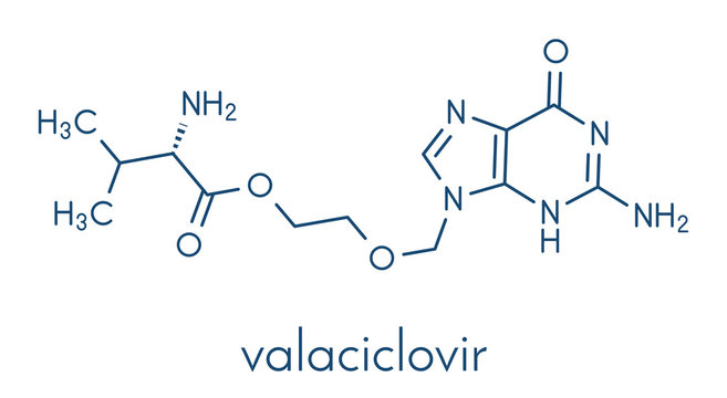 Valaciclovir (valacyclovir) herpes infection drug molecule. Skeletal formula.